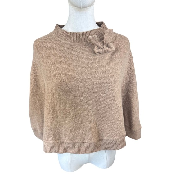 Portolano Sweaters - PORTOLANO 100% Cashmere Poncho Sweater Taupe Bow Mock Neck